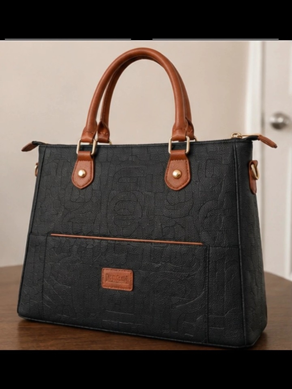 Black Satchel with Brown Trim - Structured Women's Handbag
